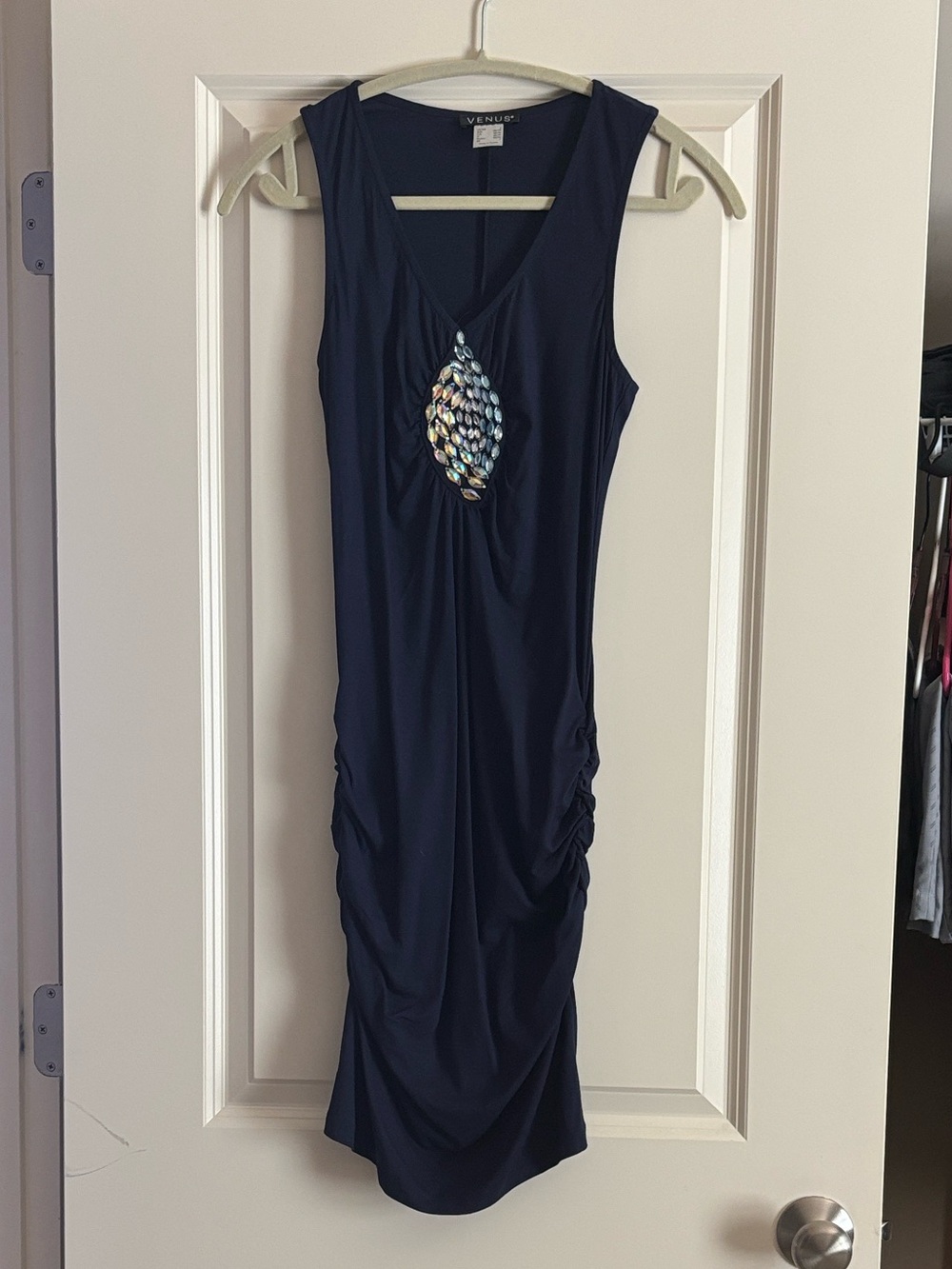 VENUS Navy Sleeveless Dress with Beaded Detail